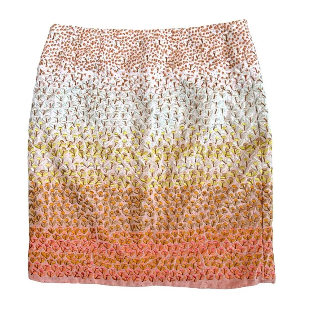 Anthropologie HD in Paris Embroidered 100% Linen‎ Skirt Lined Ombre Mini Size 2